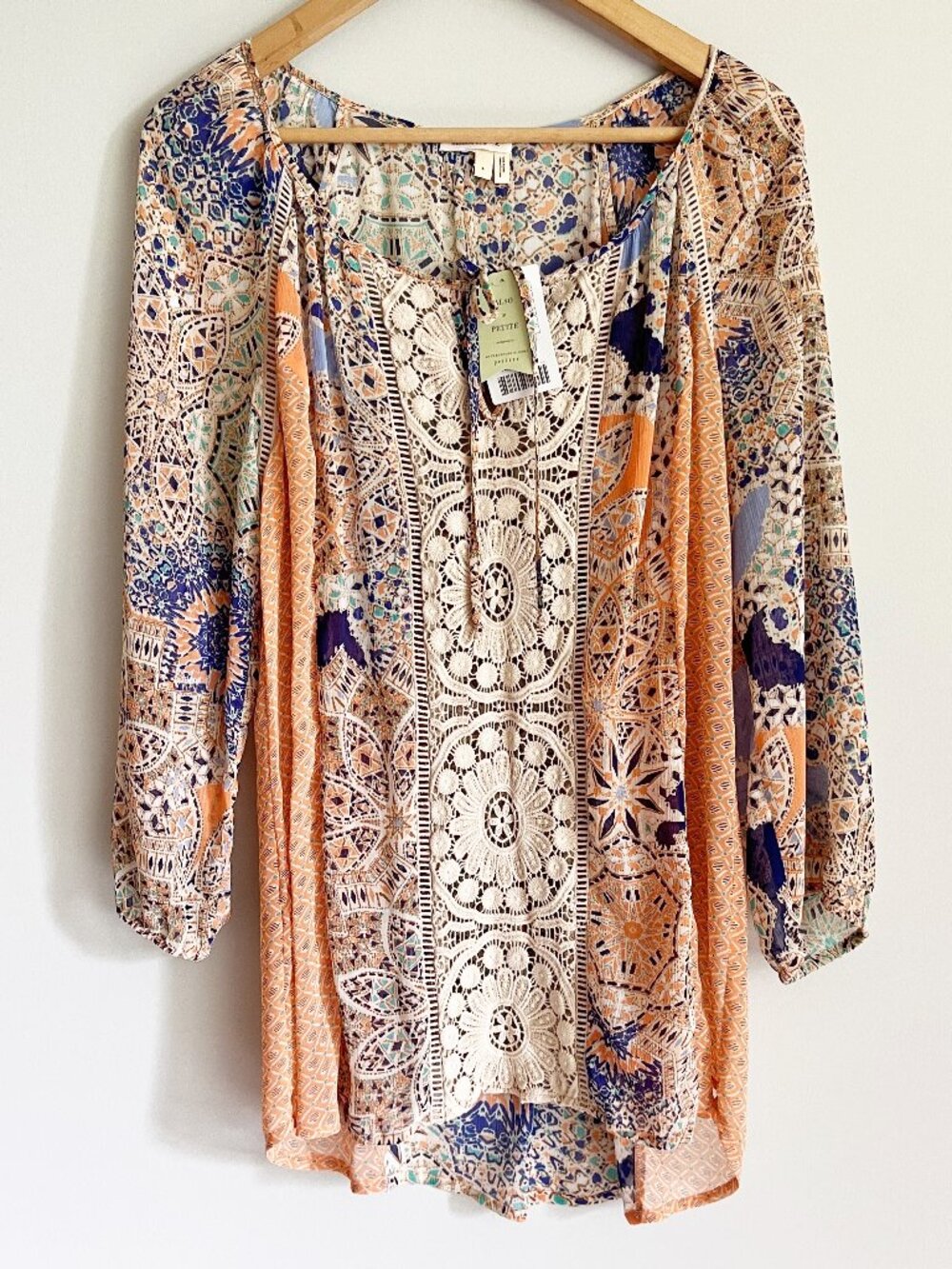 Anthropologie Meadow Rue Top Size Large Blouse Orange Sheer Print Crochet Boho